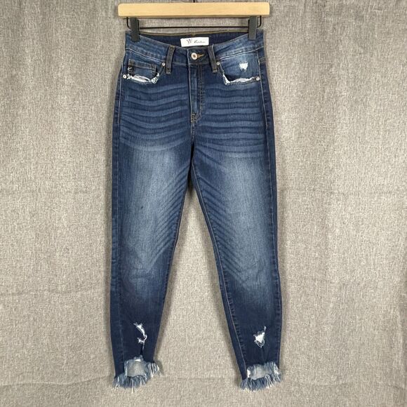 KanCan Denim - Kancan Jeans Women's 3/25 Skinny Fringe Hem Mid Rise Stretch Distressed Pants